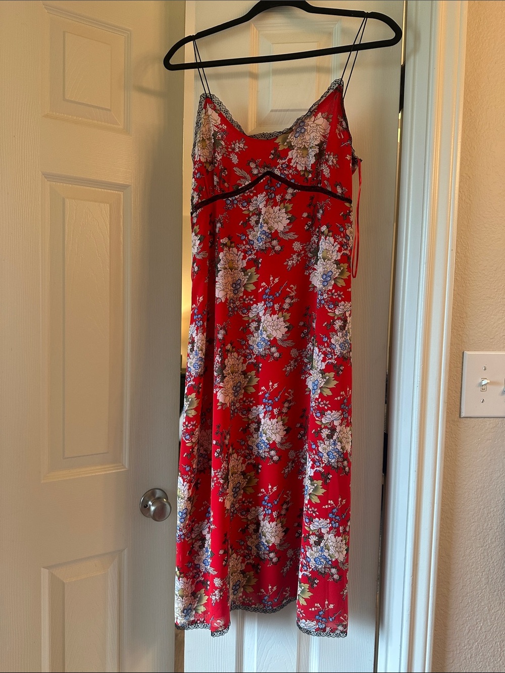 Midi Red Floral Slip Dress with Lace Trim